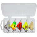Copper bell metal fishing lure with rotating sequins in seven colour finishes on a blue background.