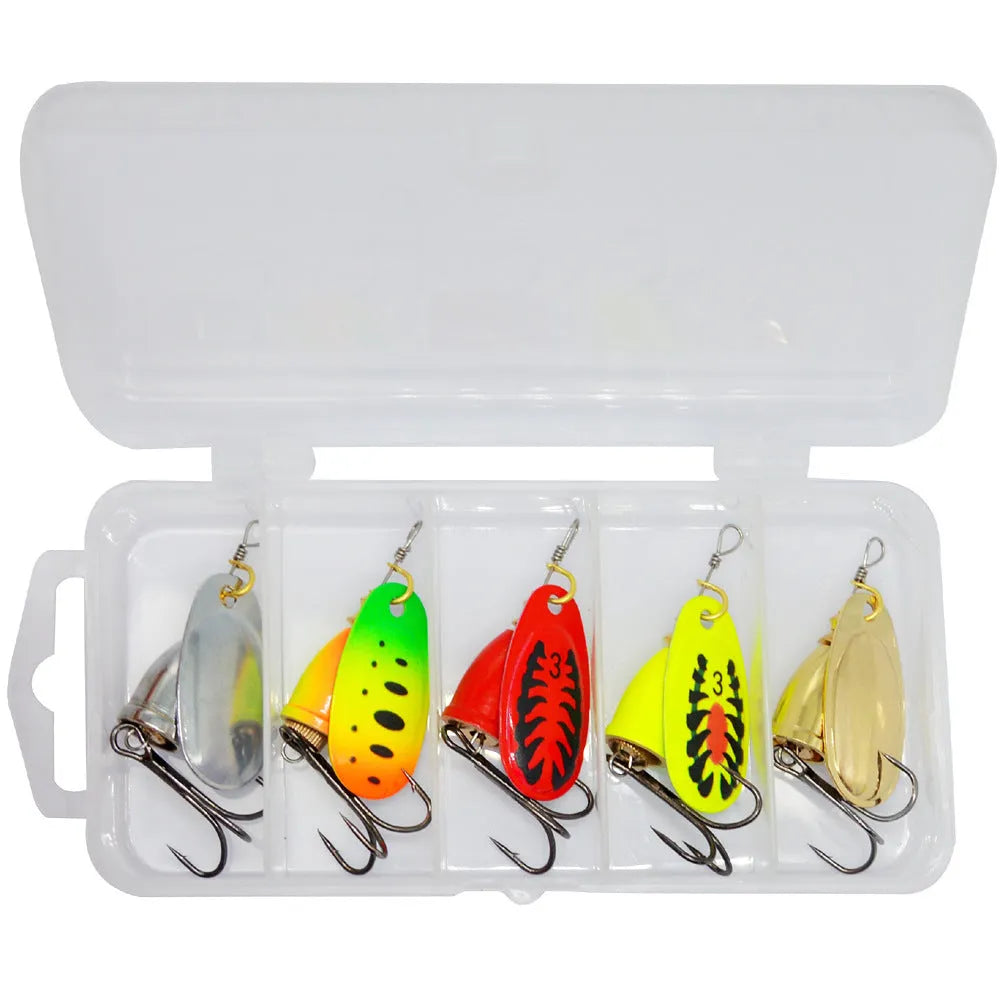 Copper bell metal fishing lure with rotating sequins in seven colour finishes on a blue background.