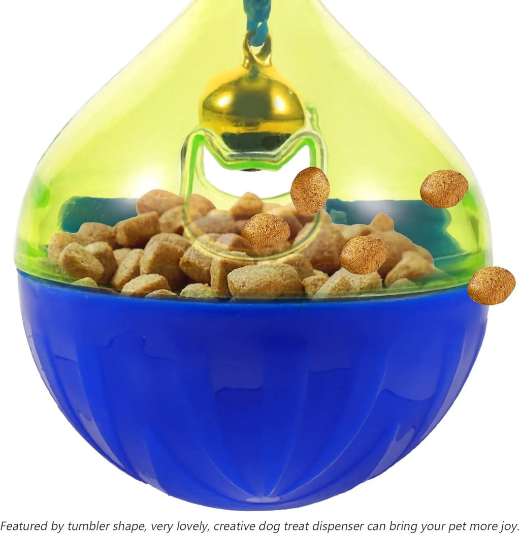 Tumbler-shaped pet treat dispenser ball for dogs and cats with dimensions 14x10x10cm