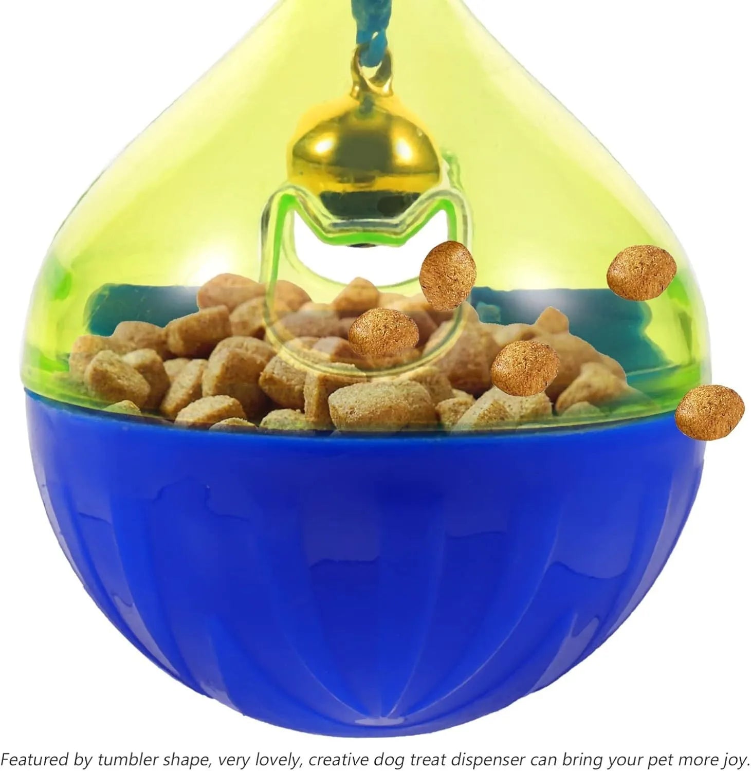 Tumbler-shaped pet treat dispenser ball for dogs and cats with dimensions 14x10x10cm