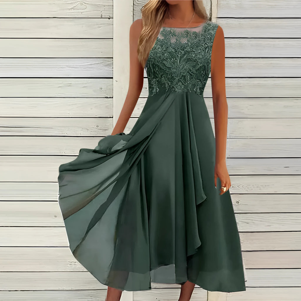 Women's sleeveless chiffon dress with lace hollow-out detailing in green, purple or blue colours