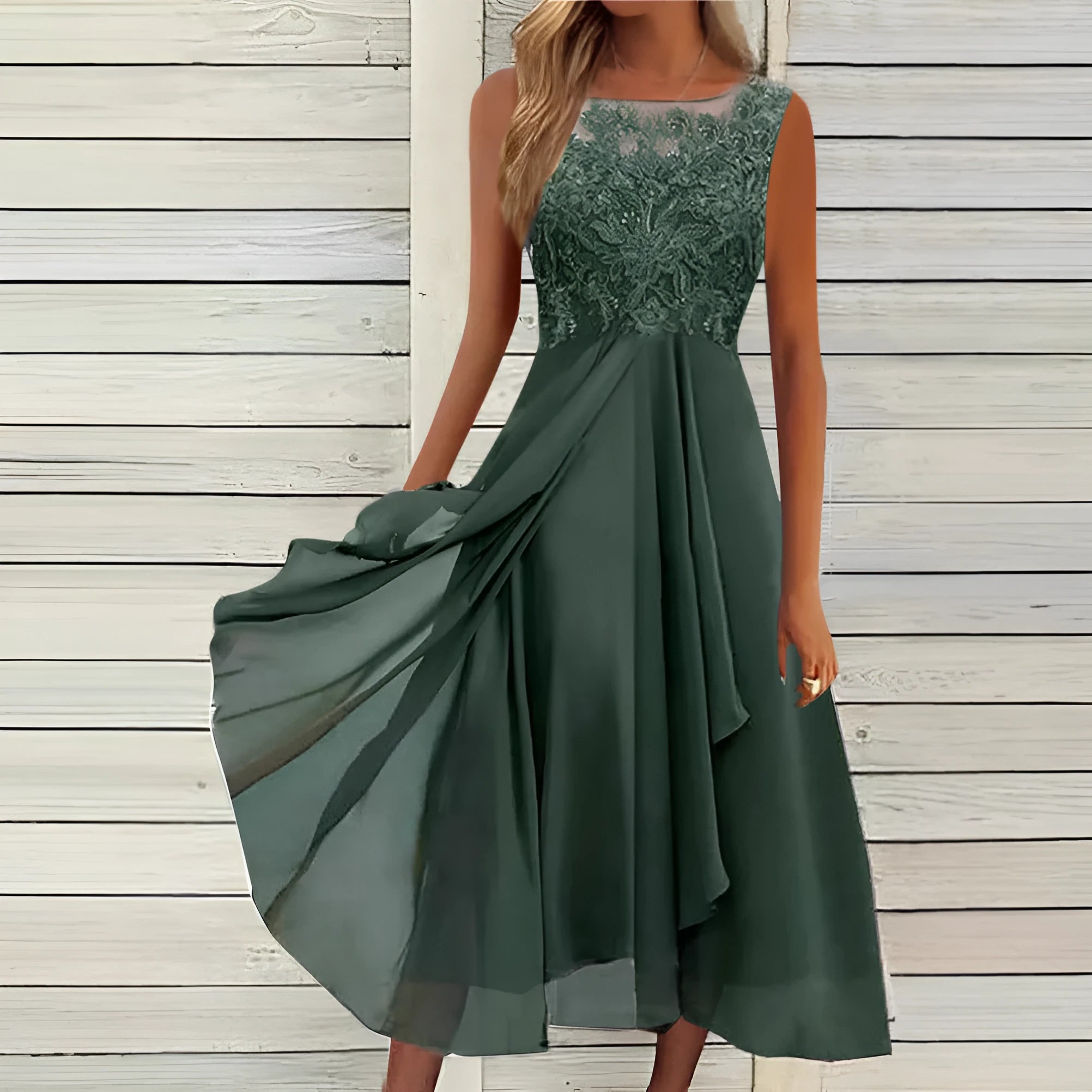 Women's sleeveless chiffon dress with lace hollow-out detailing in green, purple or blue colours