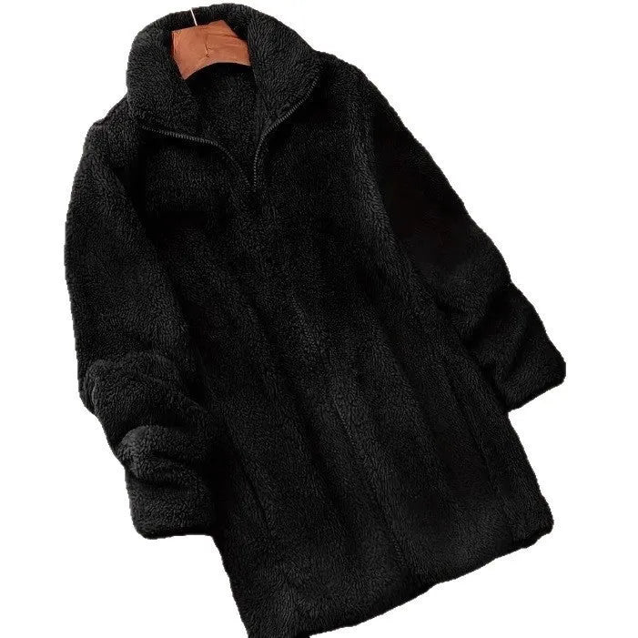 Man's black double-sided fleece jacket with a fleece lining, showing front view.