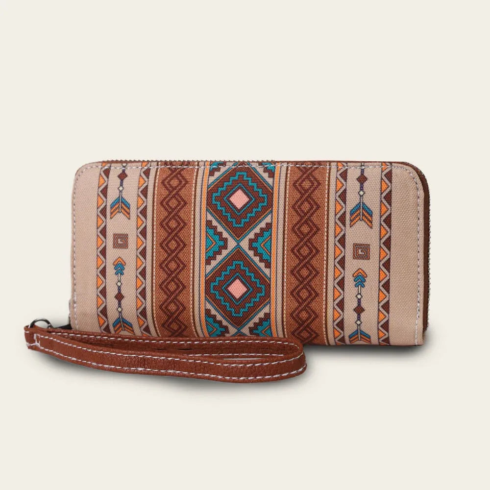 Bohemian striped canvas RFID blocking wallet in beige, black and red, khaki, or spearmint