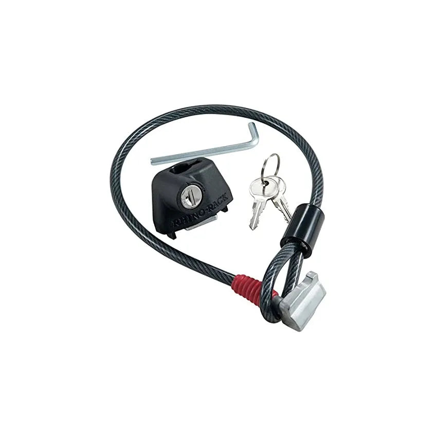 Roof platform steel cable lock with plastic sheath securing a kayak to roof bars.