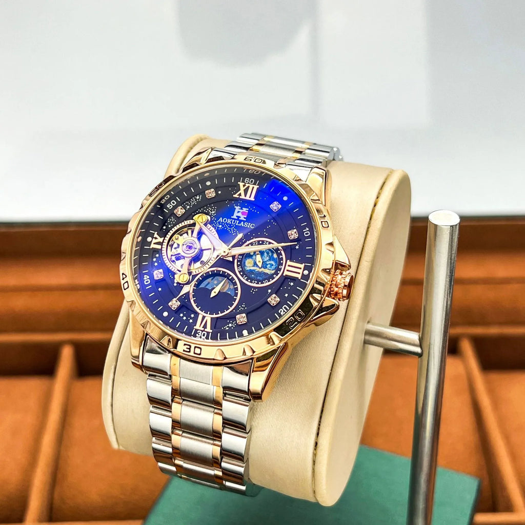 Men's automatic mechanical watch with rose gold shell case and large black dial, 12mm thickness
