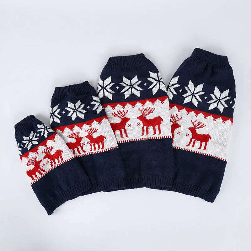 Navy blue knitted Christmas sweater for dogs in acrylic fabric on various sized pets
