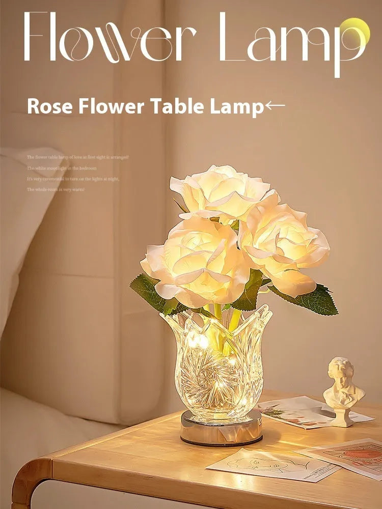Crystal flowers rechargeable touch control table lamp with dimming function on wooden surface