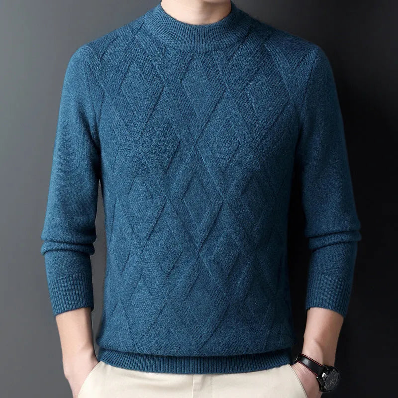 Men's thicken thermal diamond jacquard pullover sweater in light camel colour