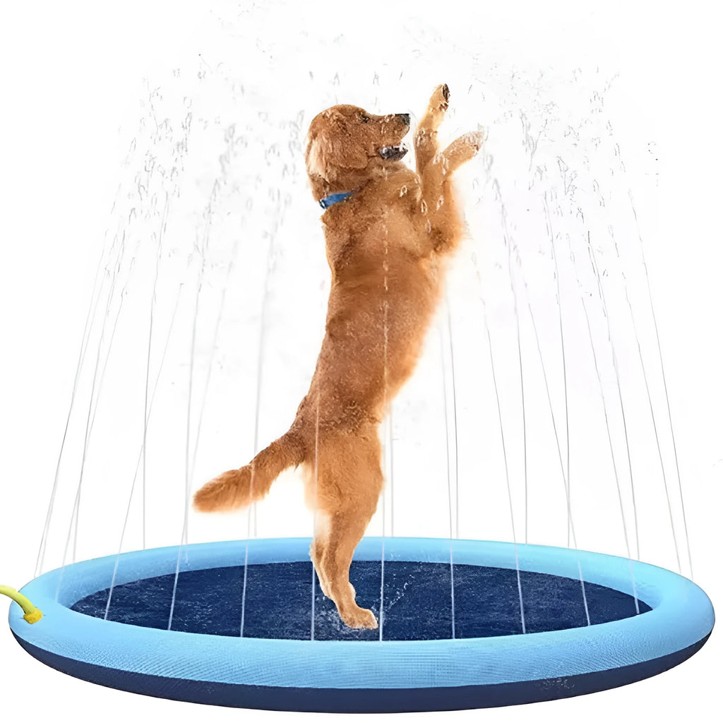 Inflatable blue dog pool splash pad with anti-slip texture, partially filled with water in a garden.