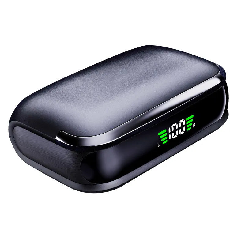 Black wireless Bluetooth ear hook headset with smart noise reduction and Type C charging case