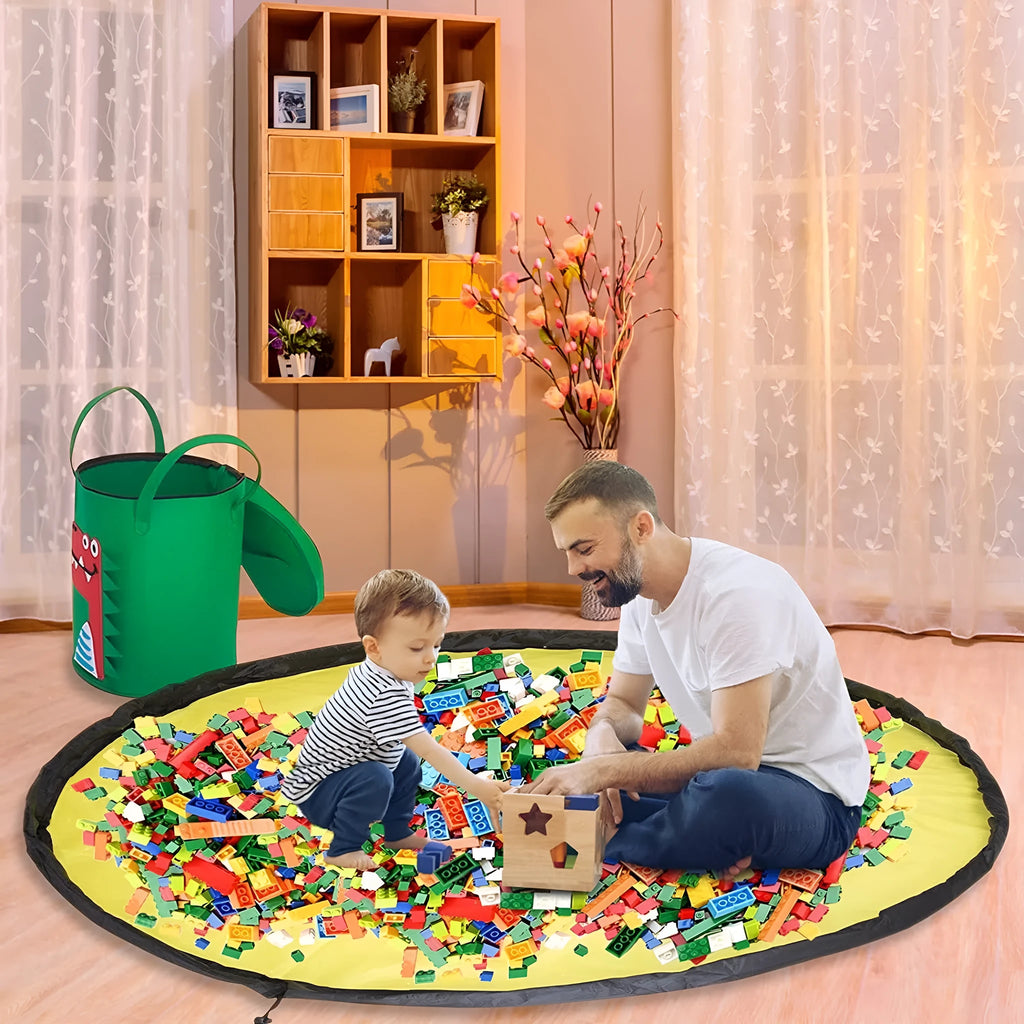 Green felt cube storage bag open as play mat with pull rope closure for toy organisation