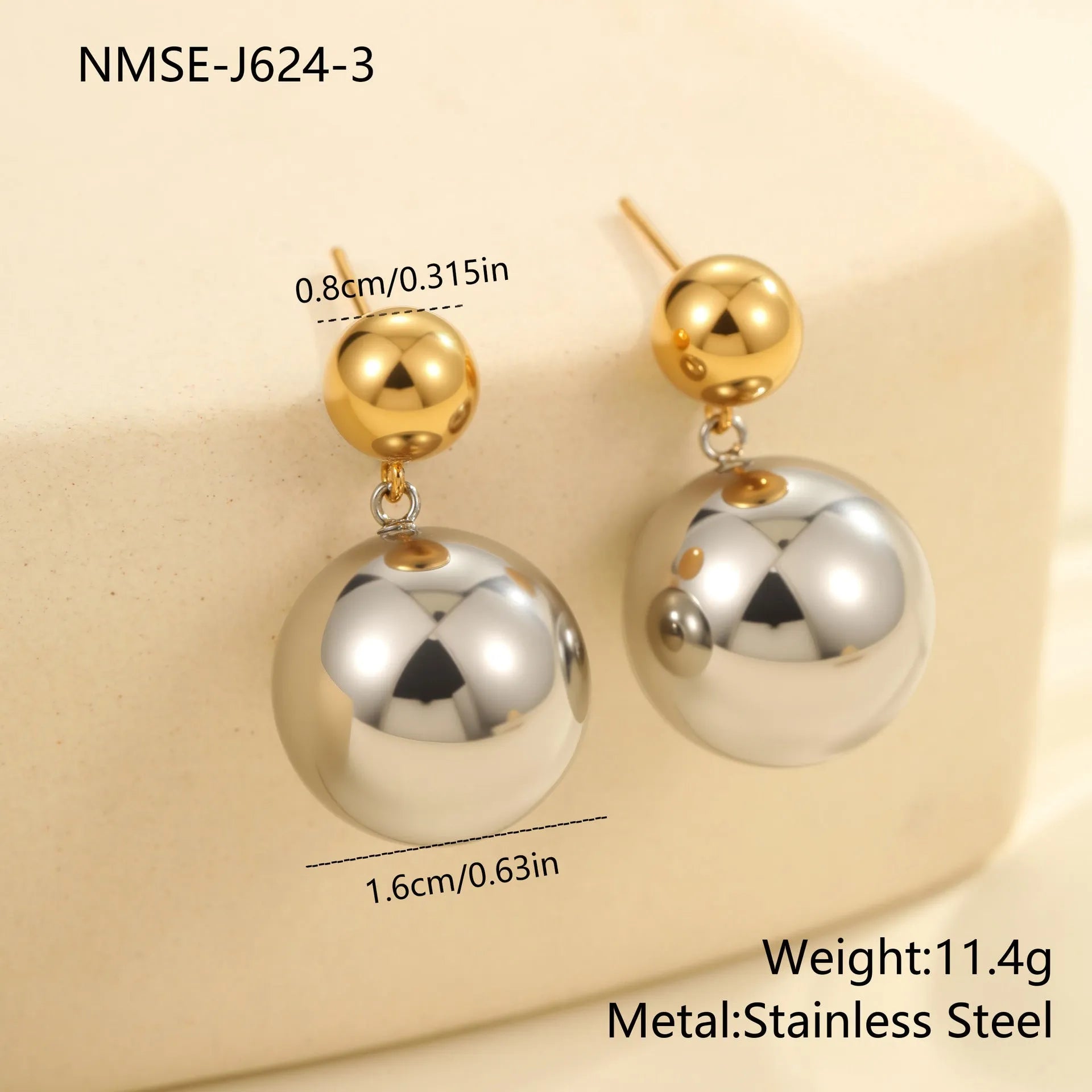 Women's stainless steel colour-block ear studs with round bead geometric design and electroplated 18K gold plating