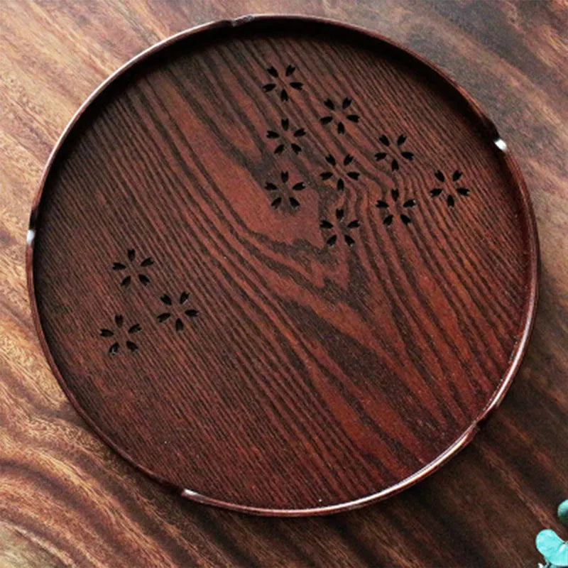 Wooden shallow serving plate with hollow cherry blossom pattern, 30cm diameter