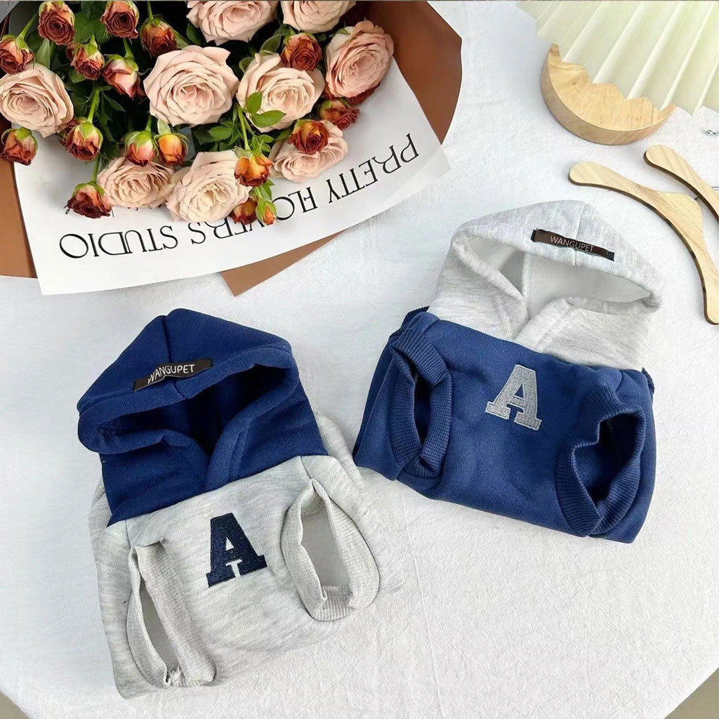 Blue and grey white pet hoodie sweater with reflective letters for cats and dogs in slim-fitting polyester