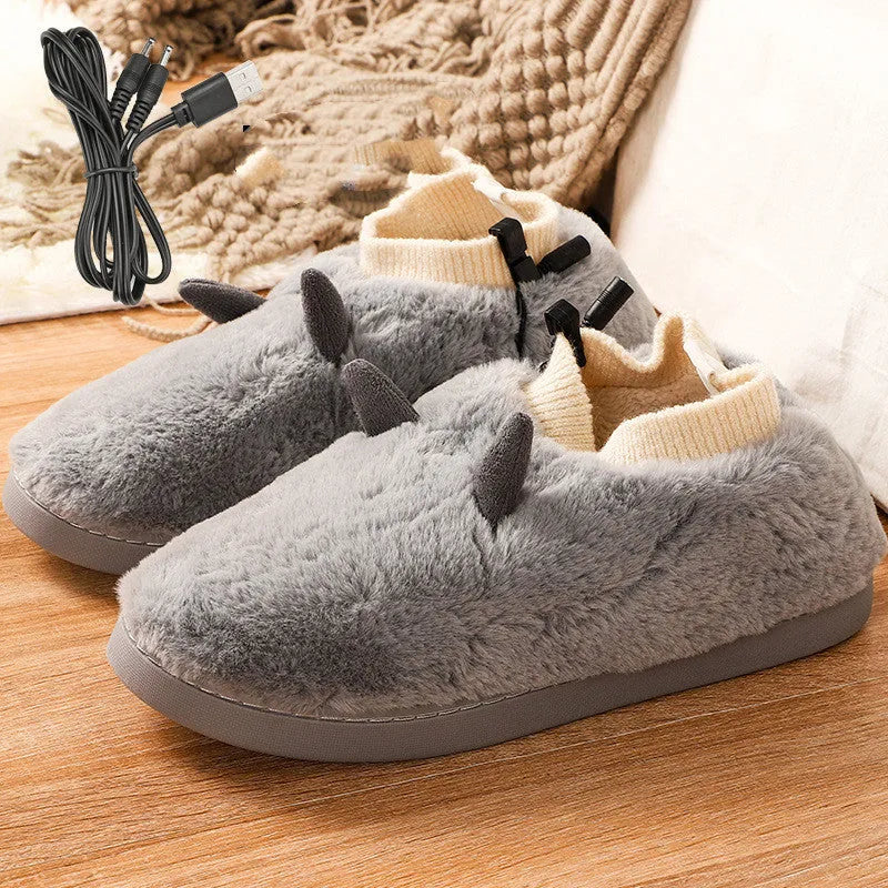 Plush velvet USB heating slippers with a USB cable and power converter, shown in taro purple colour.