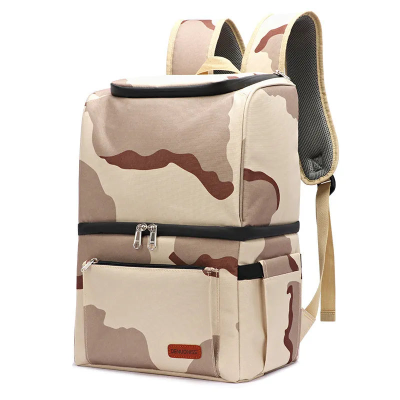 Blue double-layer insulated waterproof backpack cooler with 22 litre capacity shown outdoors.