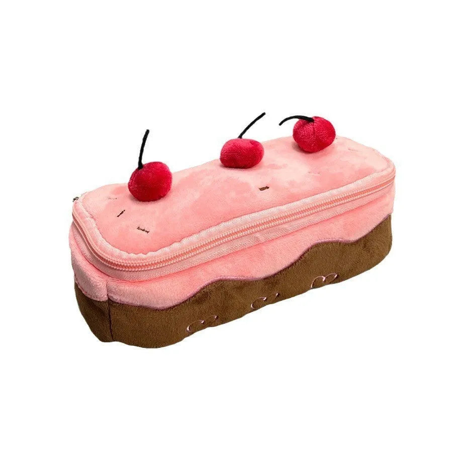 Cherry cake plush velvet pencil case with zip closure in Korean style