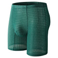 Men's lace boxer briefs in rose red colour showing shaping design on a mannequin.