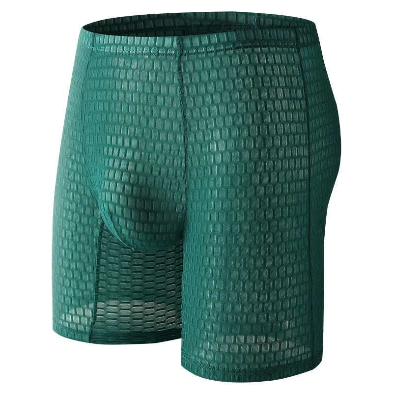 Men's lace boxer briefs in rose red colour showing shaping design on a mannequin.