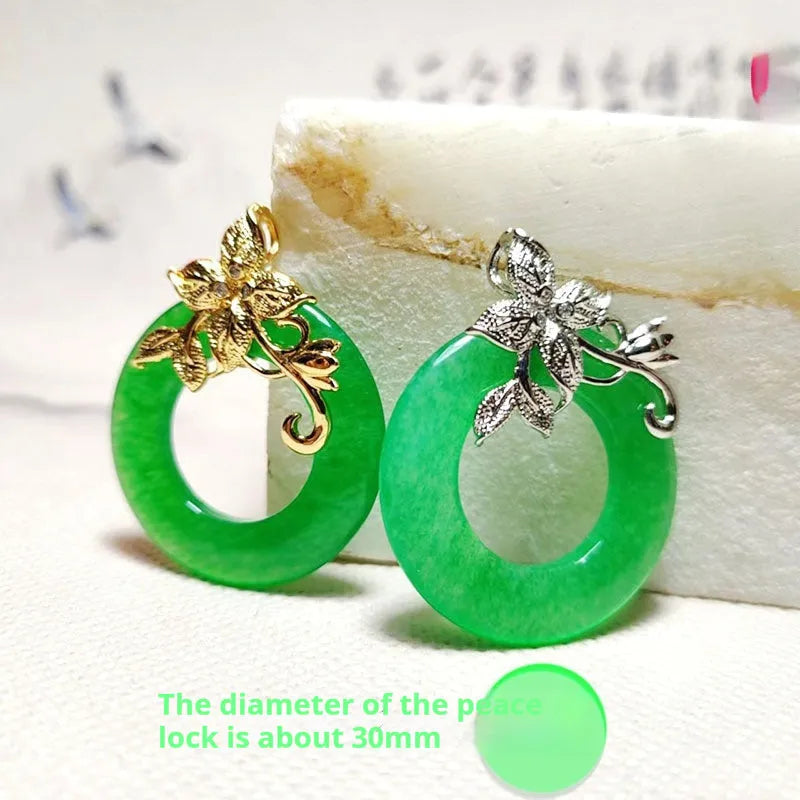 Quartz rock jade pendant necklace with emerald inlay on gold chain