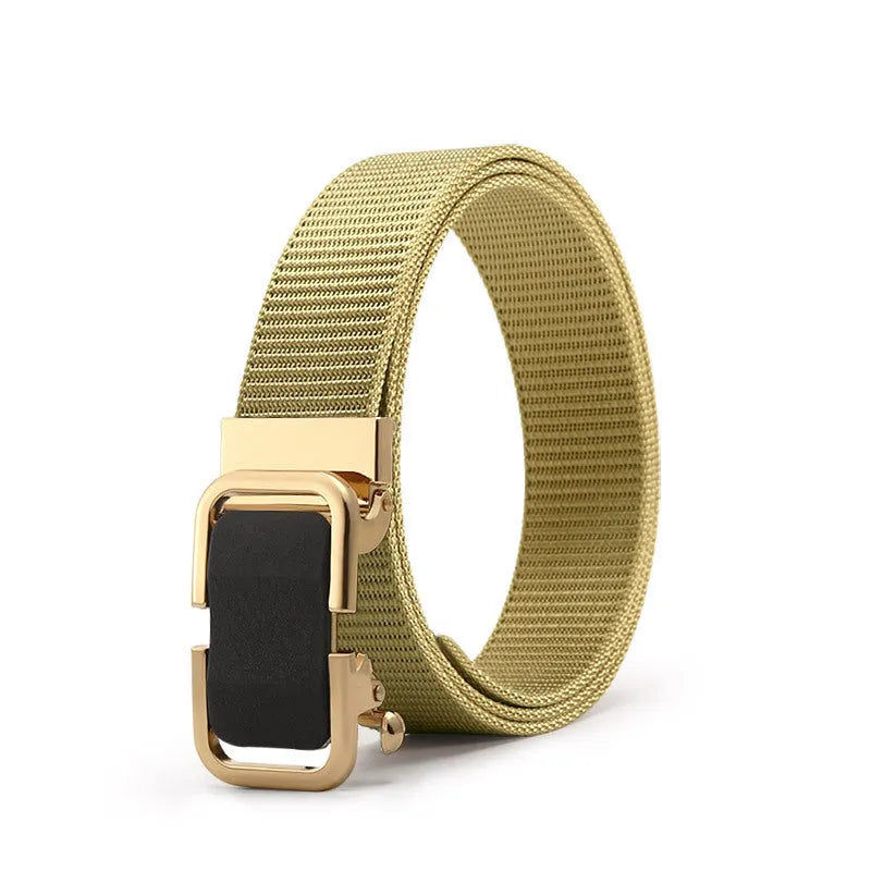 Toothless nylon canvas men's belt with alloy buckle shown in multiple colour options