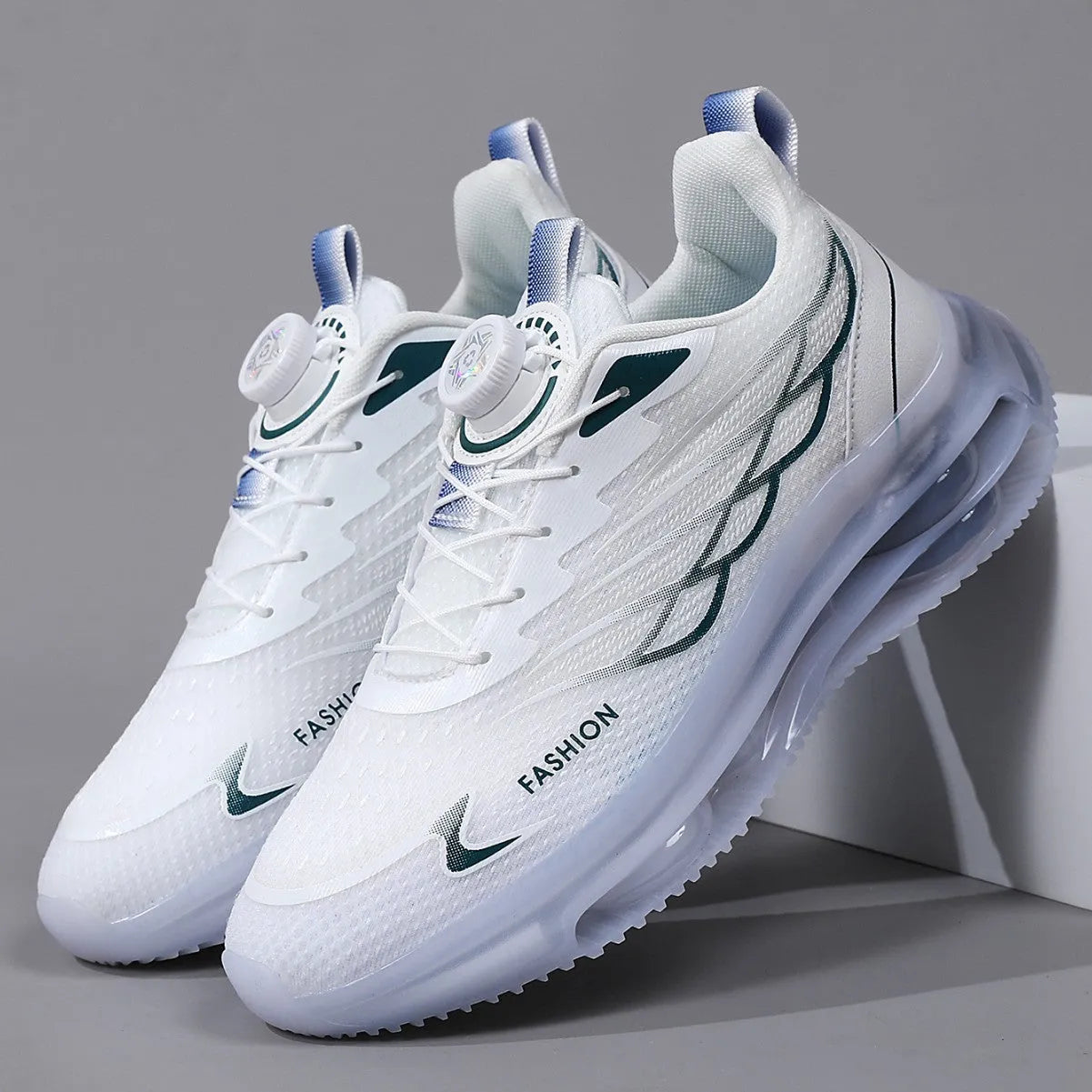 White rotating button youth sports casual shoes with mesh upper and rubber sole.