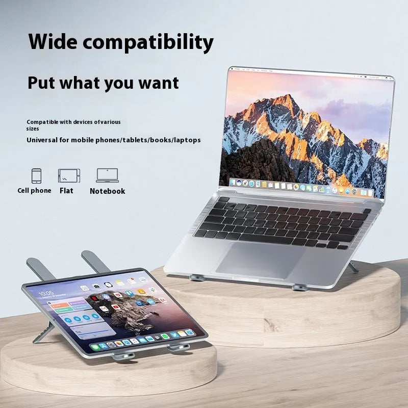 Silver aluminium laptop cooling stand with twin fans and height adjustment, shown folded.