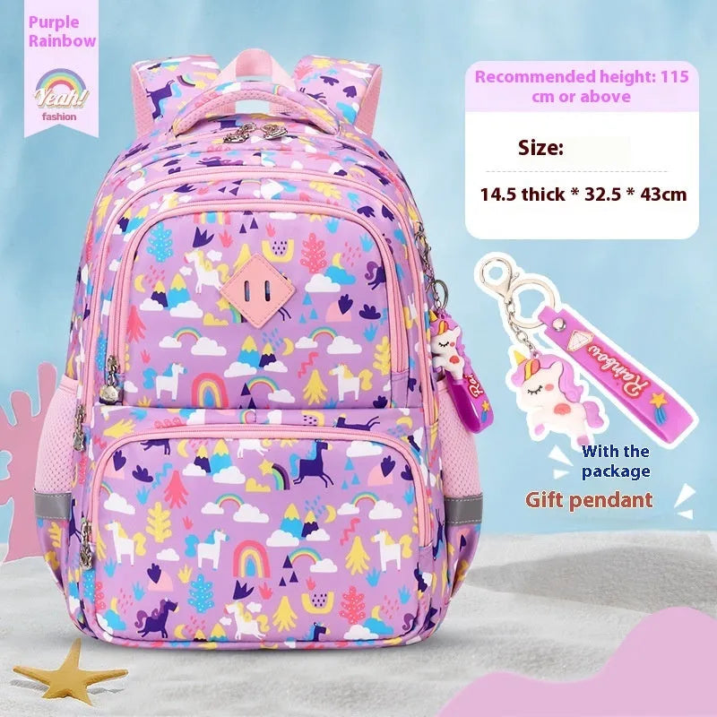 Blue dinosaur pattern children's waterproof school backpack with curved straps on a white background.