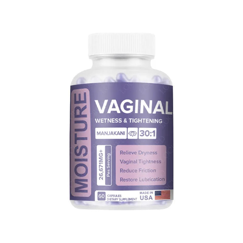 Bottle containing 60 vaginal capsules for women's intimate health with plant extract formulation