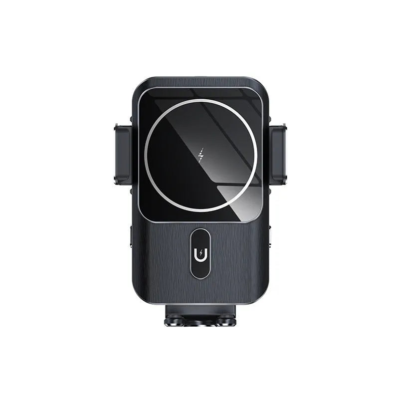 Black car wireless charging phone holder with 15W power and clip or suction cup mounting bracket