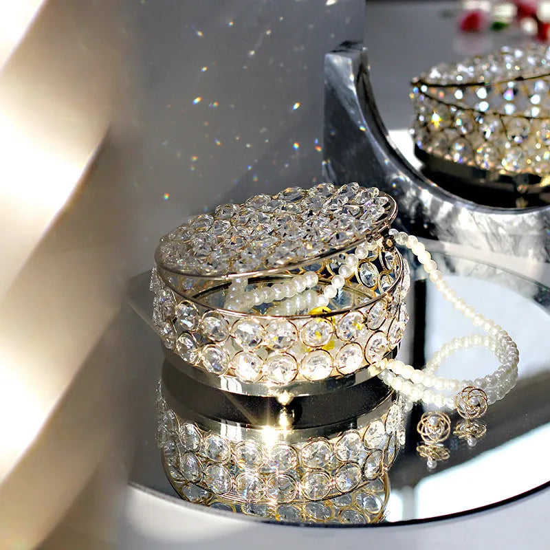 French gold European style jewelry box with transparent crystal glass and metal construction