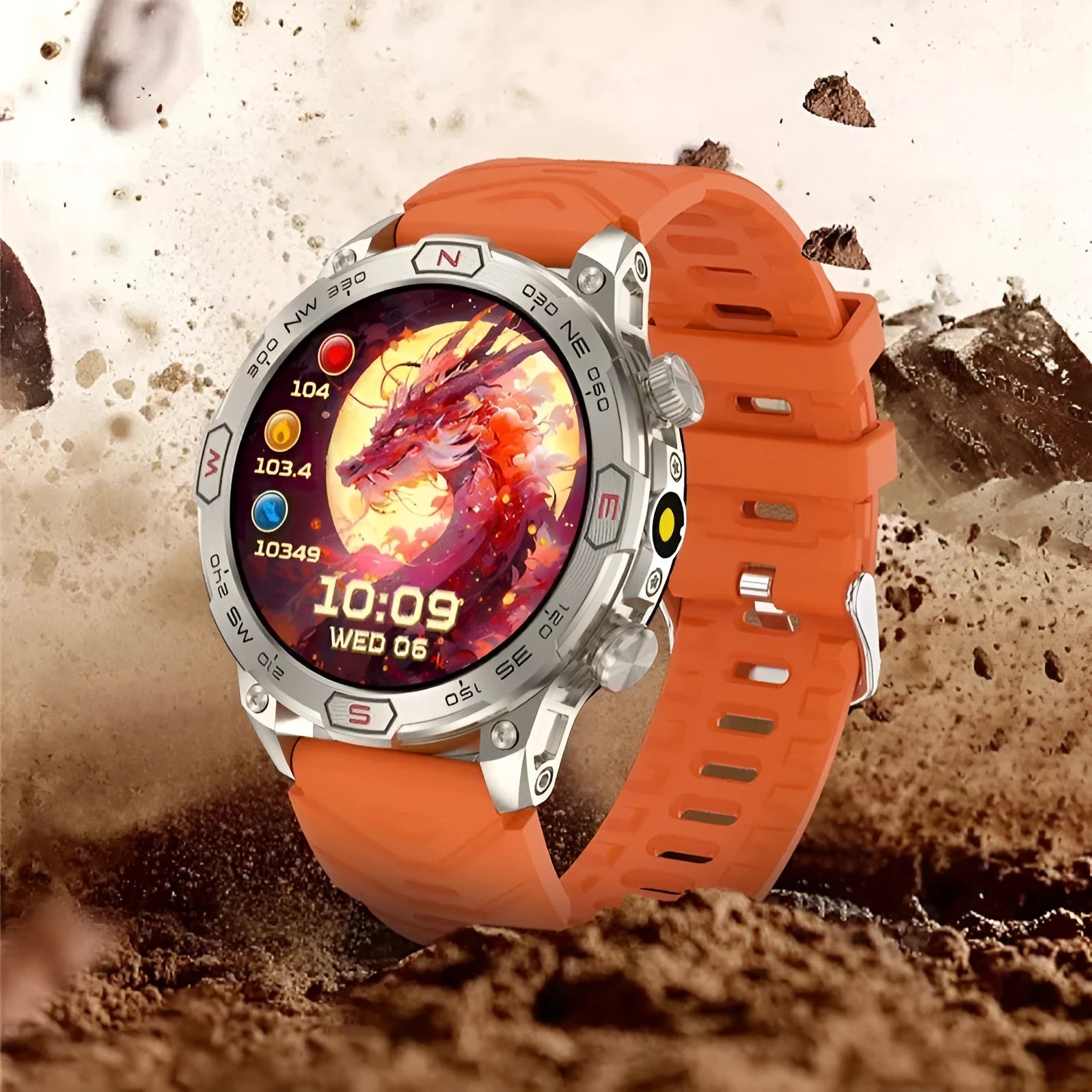Sports smartwatch with AMOLED screen showing weather forecast, zinc alloy case, liquid silicone strap