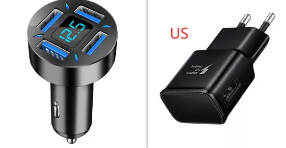 Four-port USB car charger with digital display for vehicle use