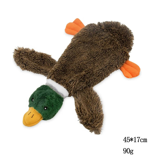 Green 1Wild Duck stuffless dog toy with squeakers and a bottom opening for a bottle.