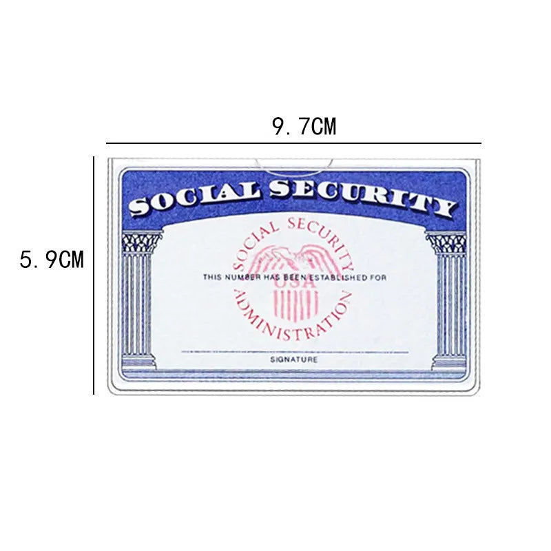 Transparent PVC social security card holder showing card inside, dimensions 9.7 by 5.9 centimetres