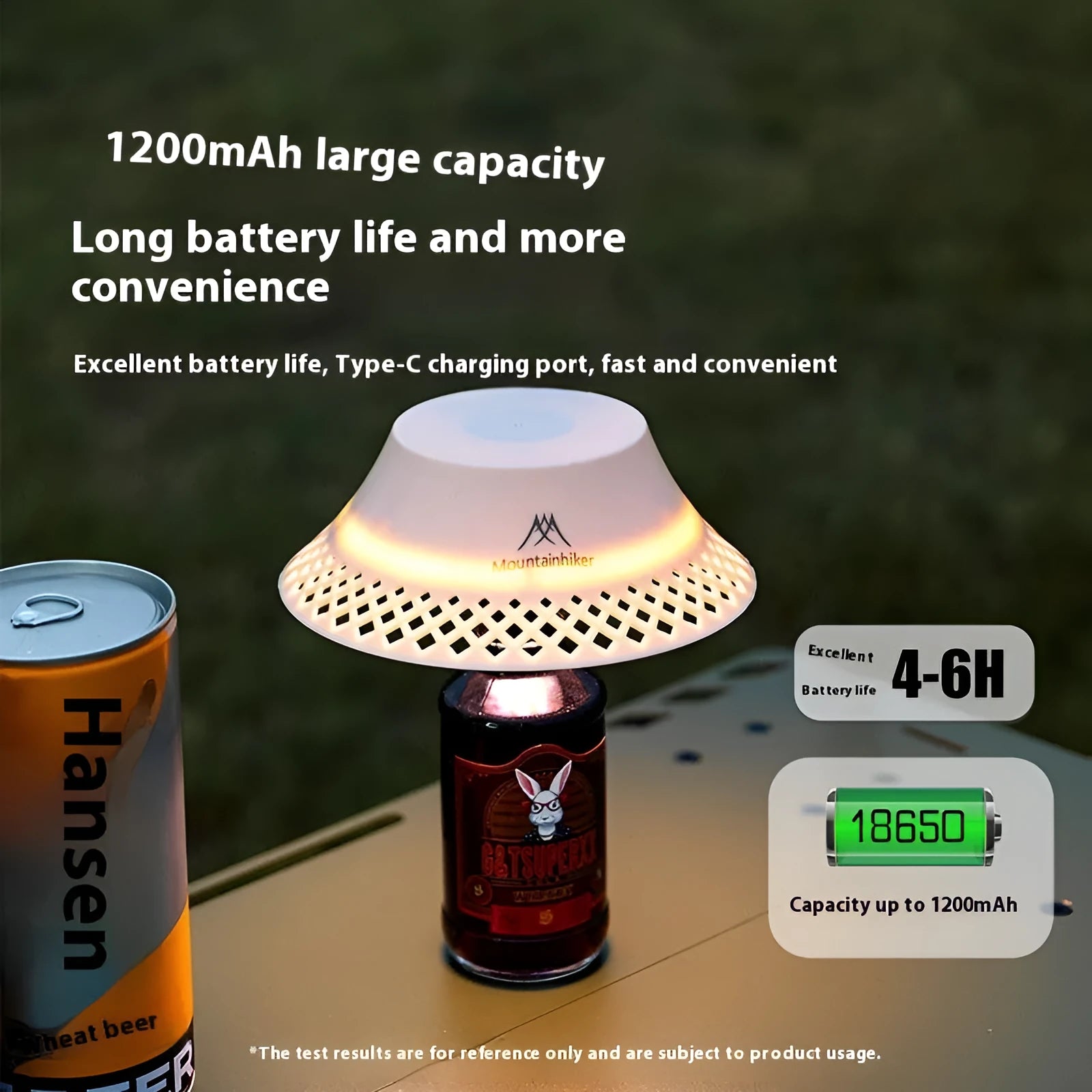 Camping lantern with wine bottle shade design in beige colour showing USB-C charging port