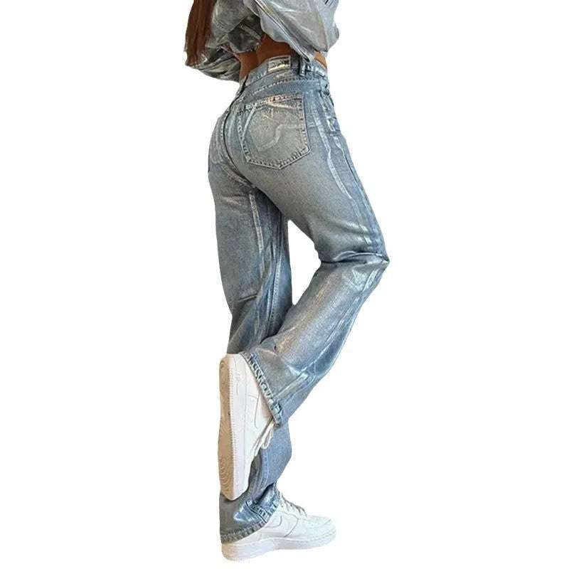 Straight leg high waist jeans in blue denim with contrast colour street hipster styling