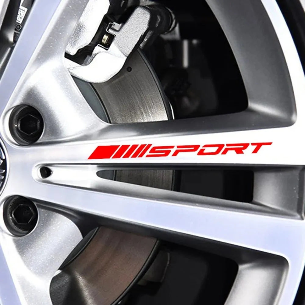 PET car rim stickers with hollow sports design in black, red, and white colours