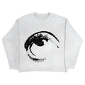 Black organic cotton punk style pullover sweater with a graphic eyes design on the chest.