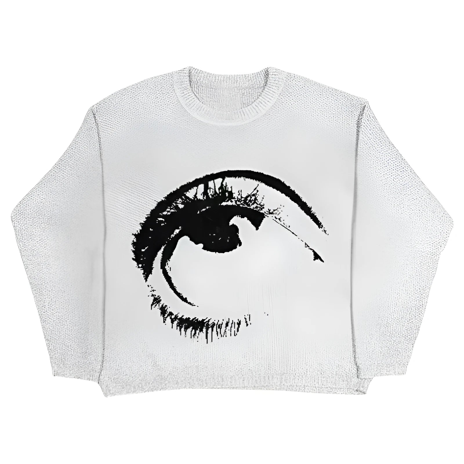 Black organic cotton punk style pullover sweater with a graphic eyes design on the chest.