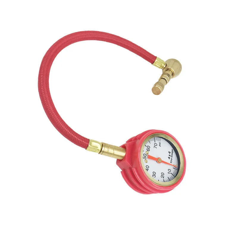 Mechanical car tyre pressure gauge with a rubber shell and rapid deflation valve.