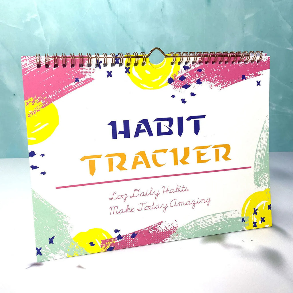 Habit tracking device showing 12 internal pages for schedule planning in various colour options