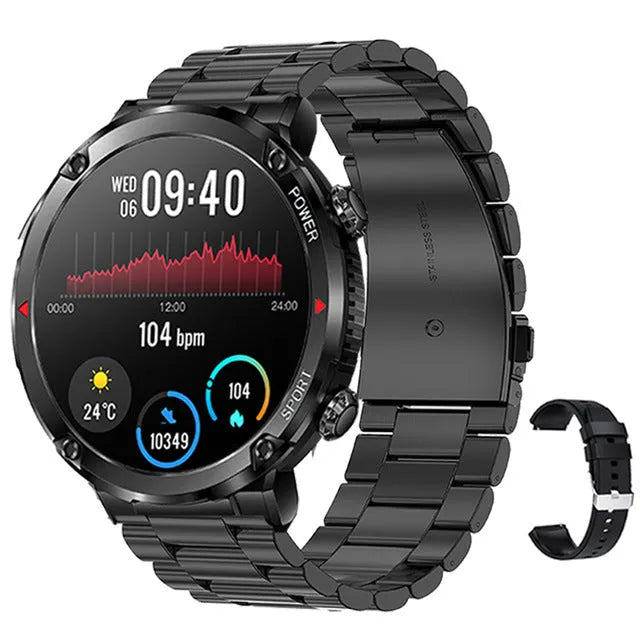 T30 smart watch with circular IPS screen on a silicone strap, showing health metrics and call interface.