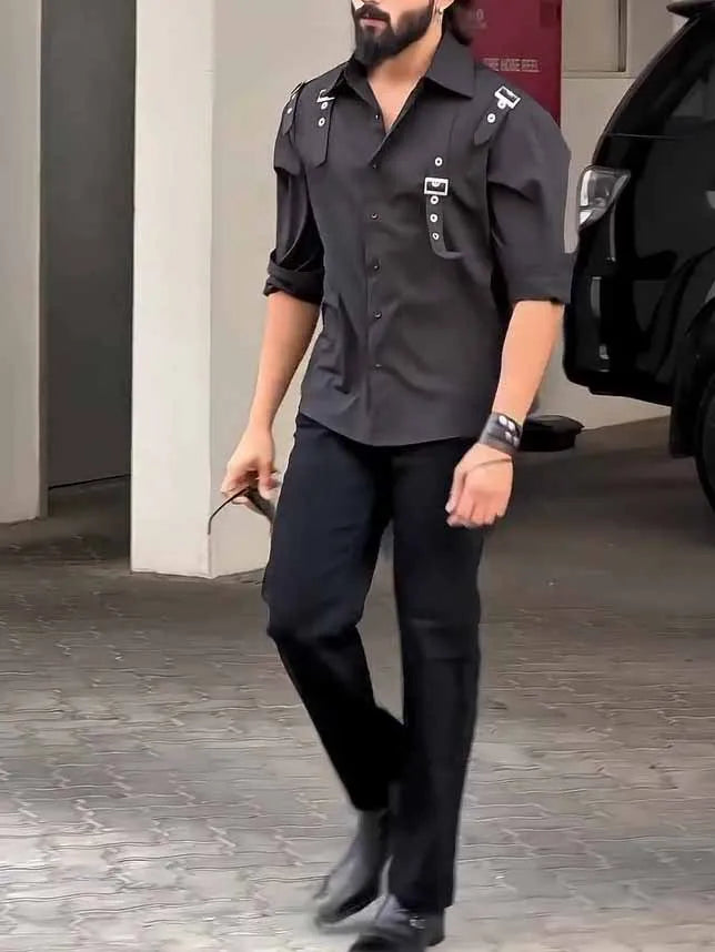 Men's black utility-style button-up shirt with a regular fit and button front.