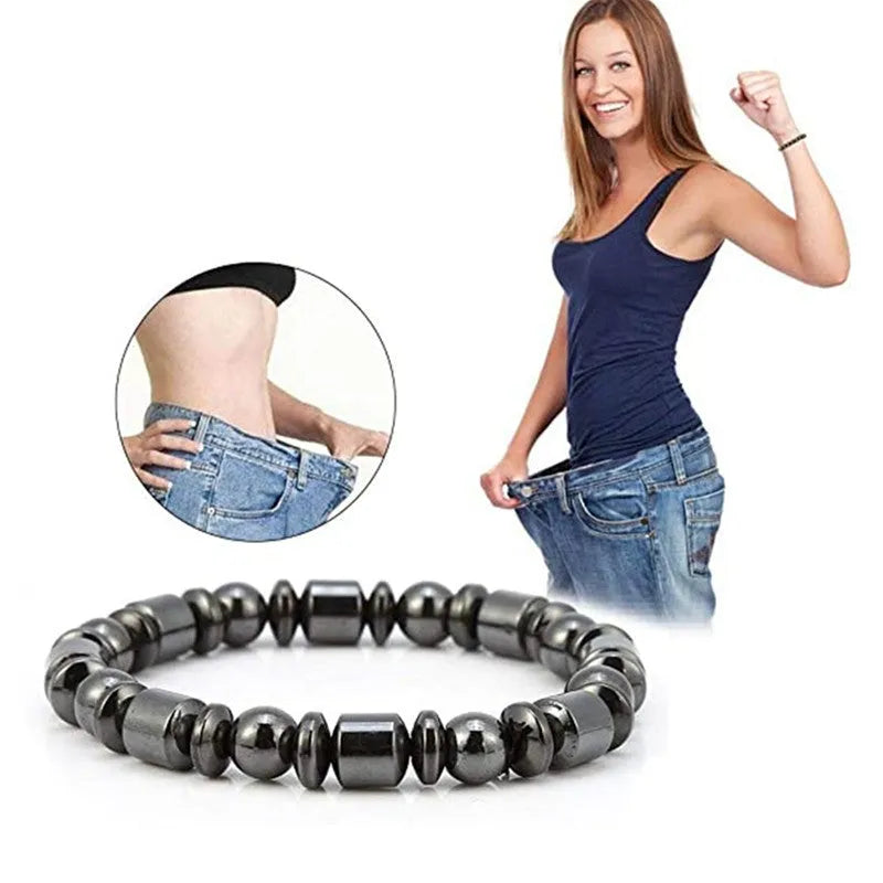 Black pentagram stone magnetic therapy bracelet with stretch fit on wrist