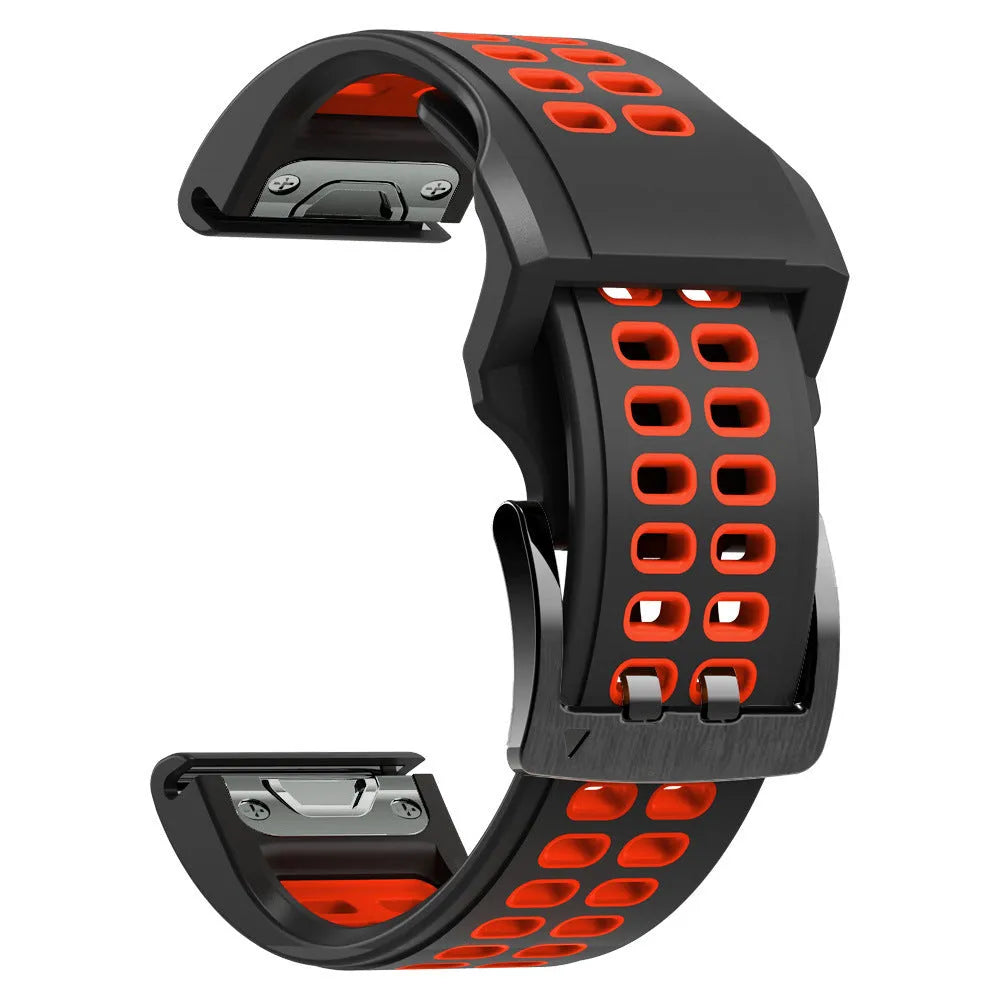 Quick release double-row hole silicone sports watch strap in a two-tone colour on a watch.