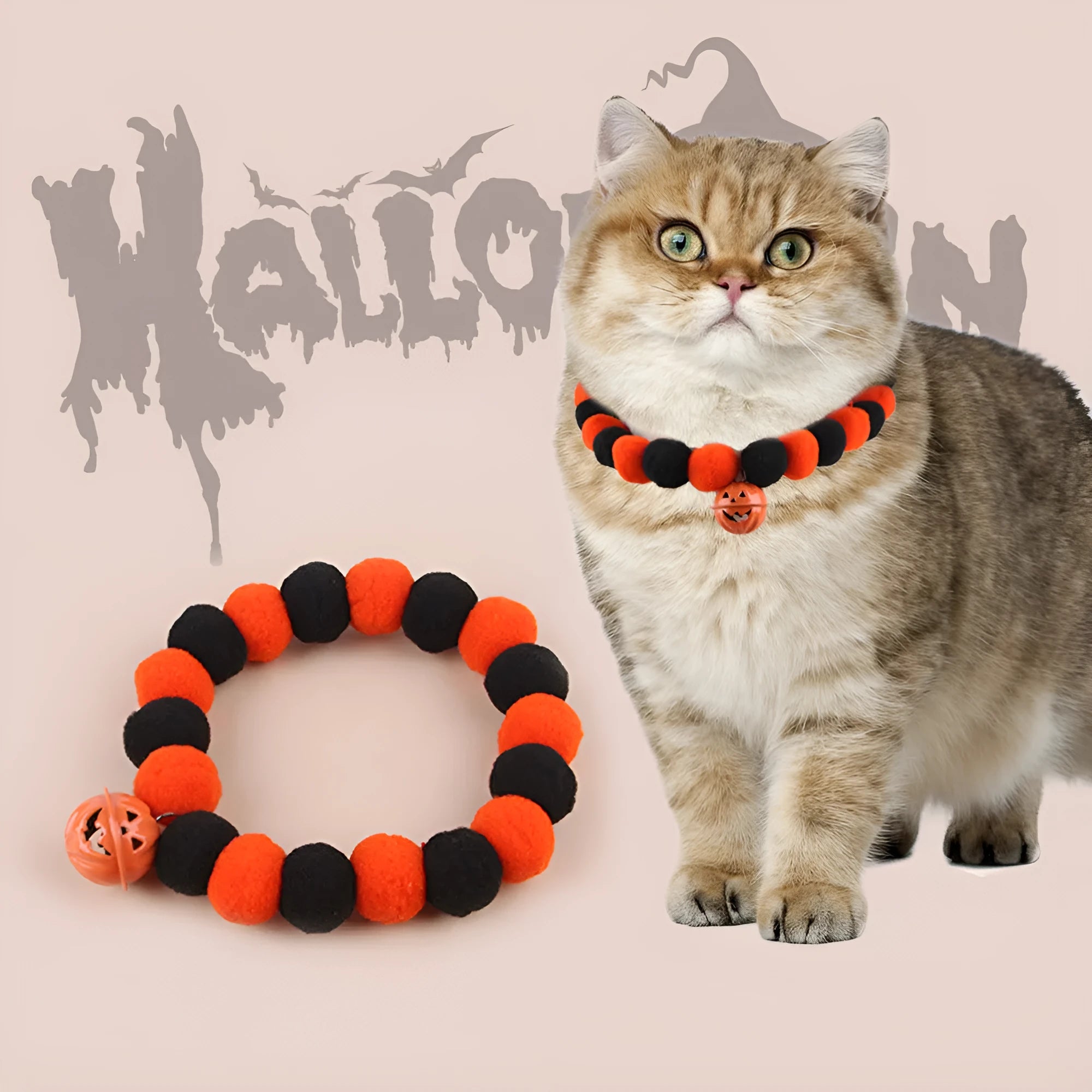 Orange Halloween cat collar with black pumpkin face design and a black adjustable buckle.