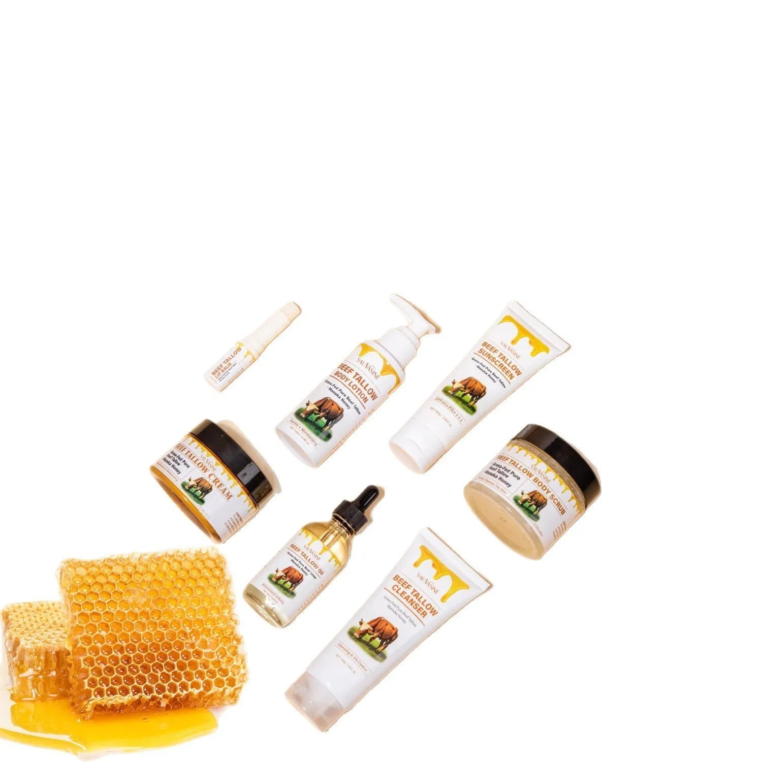 Butter Honey seven-piece facial care set including cleanser, cream, lotion, scrub, lipstick, and protective cream.