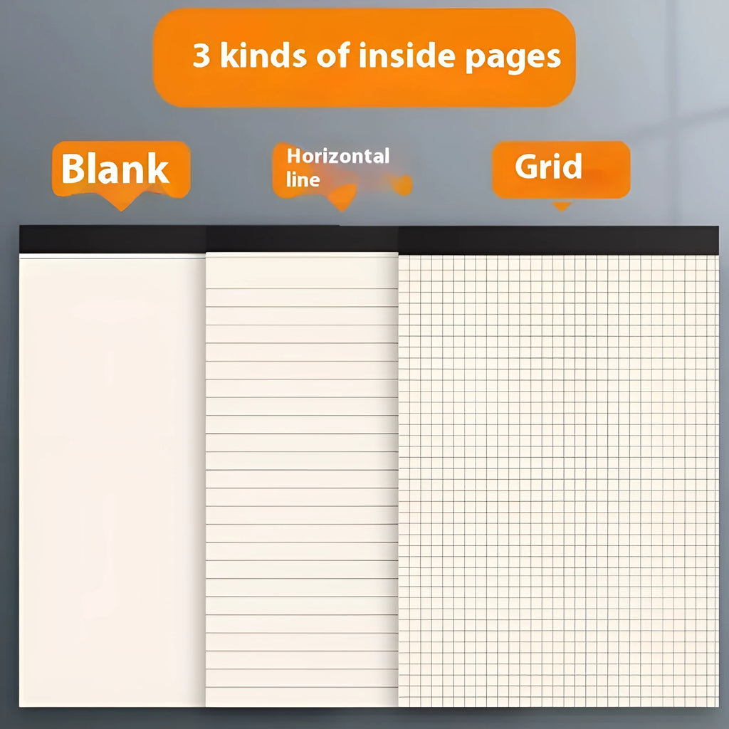 A5, B5, and A4 writing pads with 80 sheets, available in blank, grid, or horizontal line rulings.